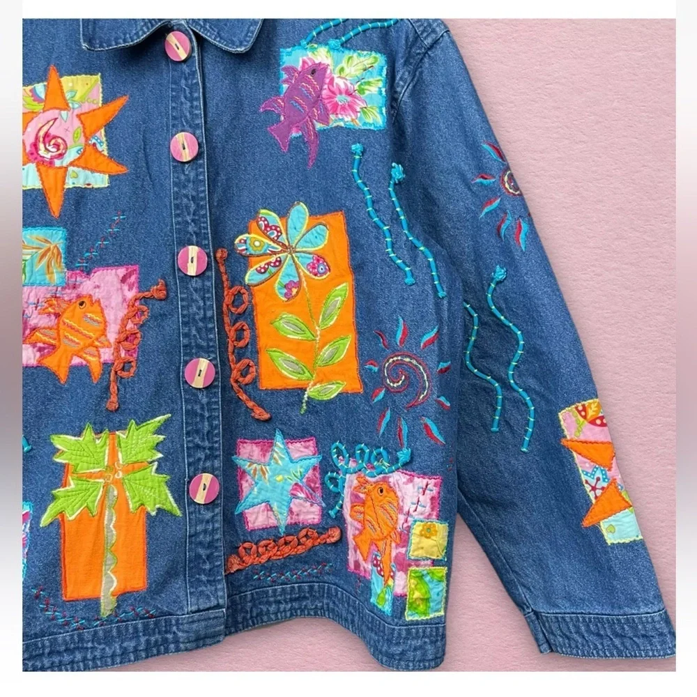 Vintage Artsy Embroidered 3D Popart Denim Jacket